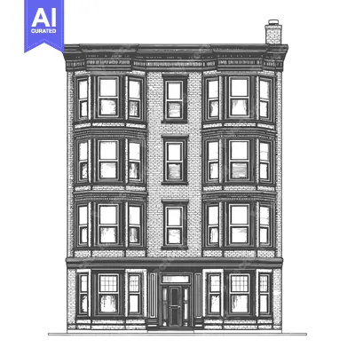 Aset desain premium: A detailed drawing depicts a multi story brick building structure