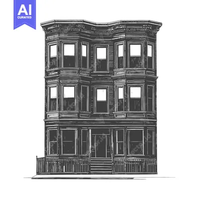 Aset desain premium: An illustrated architectural drawing of a traditional urban residentia