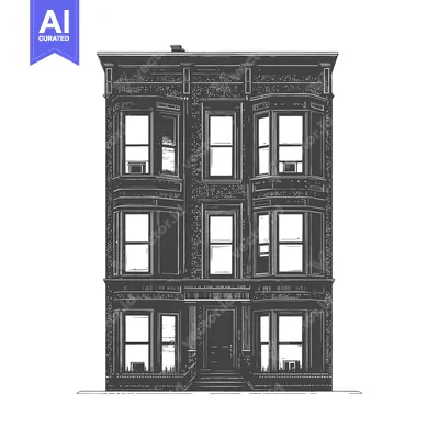 Aset desain premium: A tall brick residential building with multiple bay windows