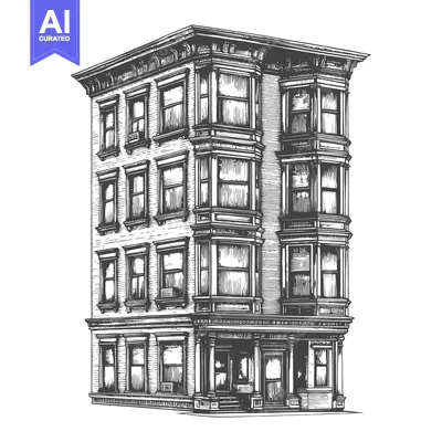 Aset premium populer: Detailed grayscale illustration depicting a classic urban apartment bu