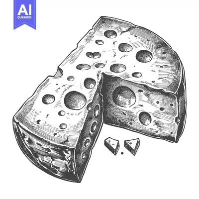 Aset premium populer: A vintage artistic depiction of a round cheese wedge