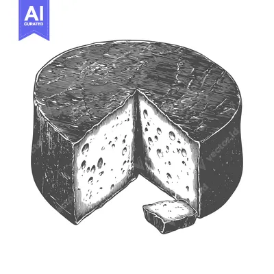 Aset desain premium: A detailed monochrome illustration of a round cheese wheel cut