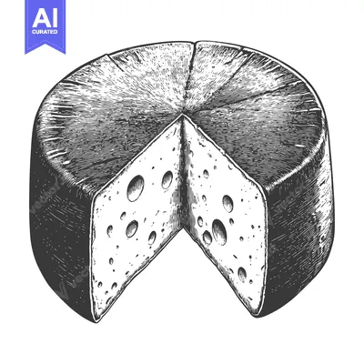 Aset desain premium: A detailed black and white illustration depicting a sliced cheese whee