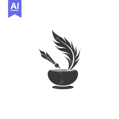Quill Pen Dipping in Inkwell with Feather Design