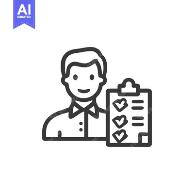 Aset desain premium: Man Holding Clipboard with Checkmarks, Line Art Icon Style