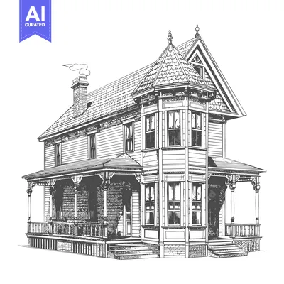 Premium design asset: Detailed line drawing depicts a classic Victorian style home structure