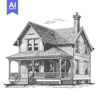 Popular premium asset: Detailed illustrated depiction of a classic two story residential hous
