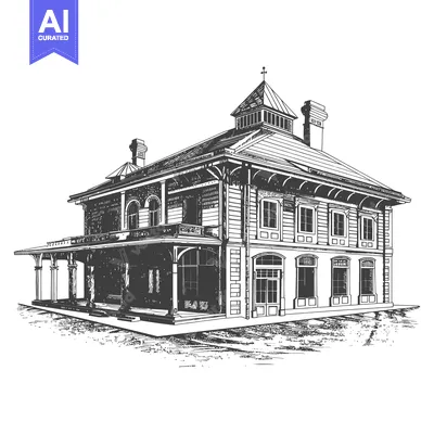 Aset desain premium: An old detailed drawing of a two story building