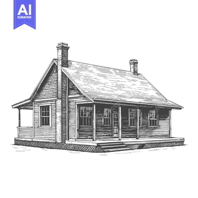 A detailed black and white illustration of a cozy wooden cottage