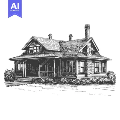 A detailed ink illustration depicts a vintage house with a porch