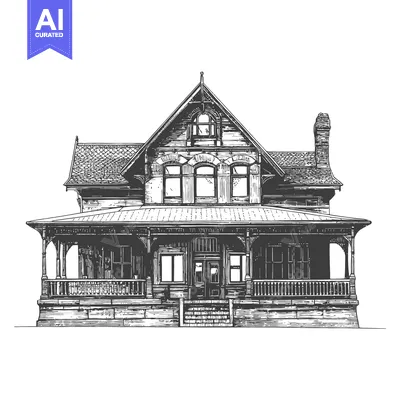 Aset desain premium: A detailed illustration depicting a classic vintage style home