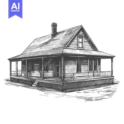 A detailed black and white illustration of a classic wooden house