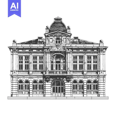 Popular premium asset: Detailed black and white illustration of a large ornate building facad