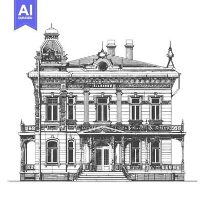 Aset premium populer: Detailed black and white architectural illustration of a large buildin
