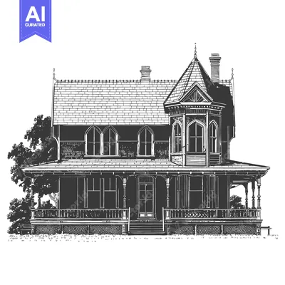 Popular premium asset: Detailed illustration of a large Victorian house with complex architec