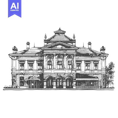 Detailed pen and ink illustration of a grand historic building