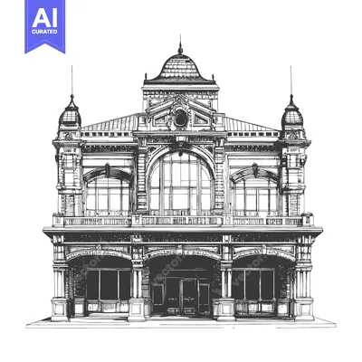 Aset desain premium: Detailed black and white ink drawing depicting a grand architectural s