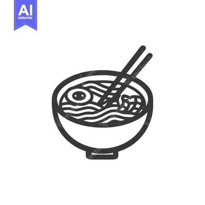 Minimalist Ramen Bowl Icon with Egg and Chopsticks, Black Outline on W
