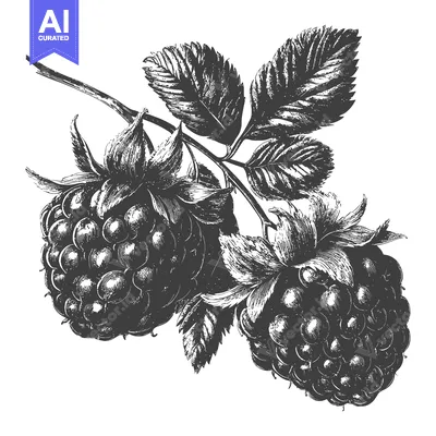 Aset premium populer: Detailed black and white illustration of two ripe blackberries on bran
