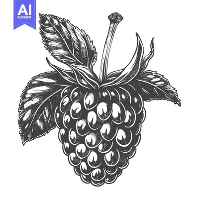 Aset premium populer: A detailed black and white drawing of a ripe blackberry fruit