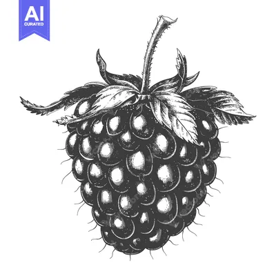 Aset premium populer: An artistic black and white illustration of a ripe blackberry