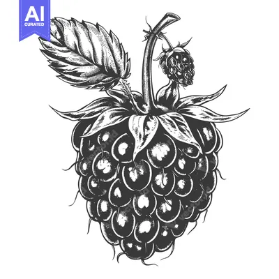 Aset premium populer: A detailed botanical illustration of ripe raspberries and leaves