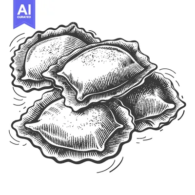 Several pierogi dumplings are piled together in a black and white imag