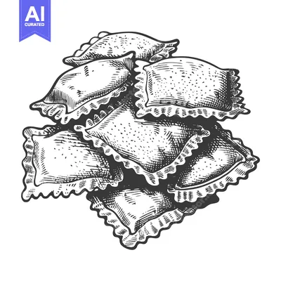 A detailed black and white illustration of stuffed pasta food