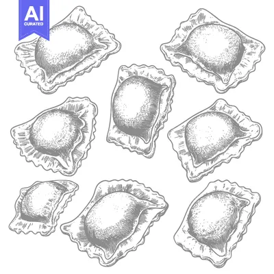 Aset premium populer: Detailed illustration depicting a variety of pasta ravioli dumplings o