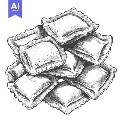 A black and white illustration depicting a pile of pasta ravioli
