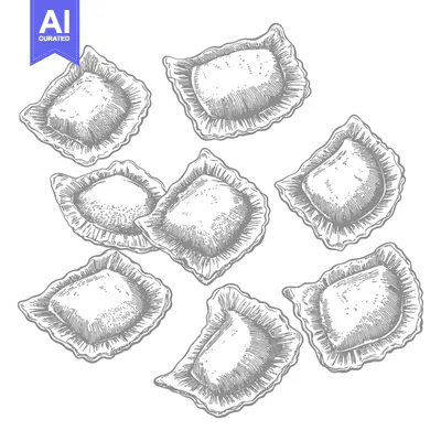 Aset premium populer: Detailed illustration shows several filled pasta dumplings on a white