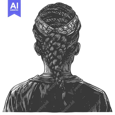 Aset desain premium: Rear View of a Person with Braided Hair and Headband