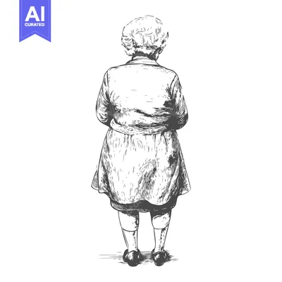 Aset desain premium: Rear View Sketch of an Elderly Woman in a Coat