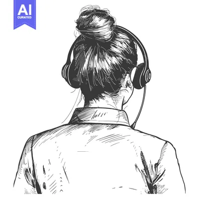 Aset desain premium: Rear View Sketch of a Woman with Headphones and a Bun