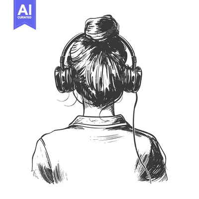 Premium design asset: Rear View Sketch of a Woman with Headphones and Bun