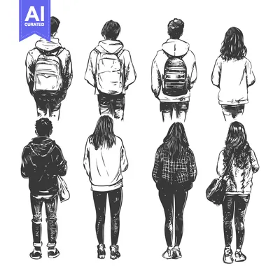 Popular premium asset: Rear View Sketch of Eight People Standing in Line