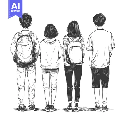 Premium design asset: Rear View Sketch of Four Teenagers with Backpacks