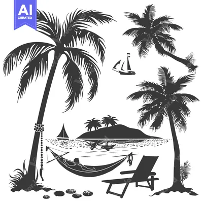 Aset desain premium: Relaxation on a Tropical Beach with Palm Trees, Hammock, and a Lounger