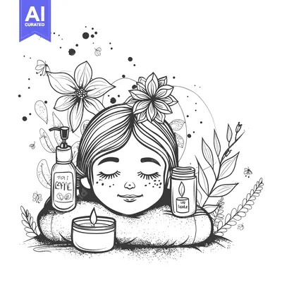 Aset desain premium: Relaxed Girl Surrounded by Flowers and Candles for a Spa Day