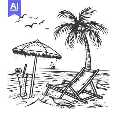 Aset premium populer: Relaxing Beach Scene with Palm Tree, Lounge Chair, and Cocktail
