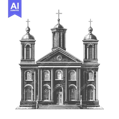 An illustrative black and white image of a grand church building