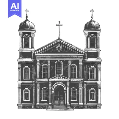 Detailed monochrome depiction of a classic religious building structur