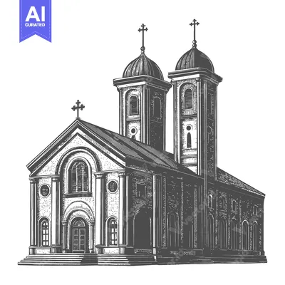 Detailed drawing of a church with two towering steeples and crosses
