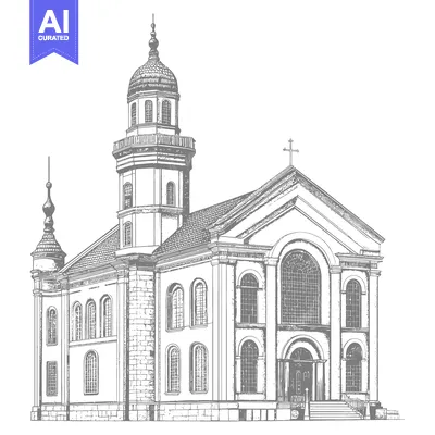 A detailed architectural illustration depicting a church structure fro
