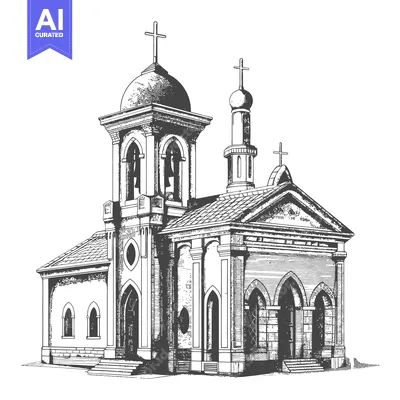 A detailed grayscale architectural illustration of an ornate church bu