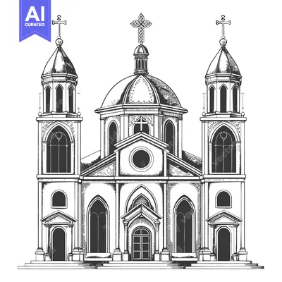 A detailed pen and ink drawing of a religious building