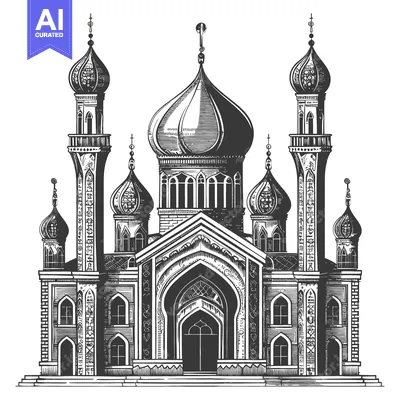 An ornate monochrome architectural illustration of a mosque building s