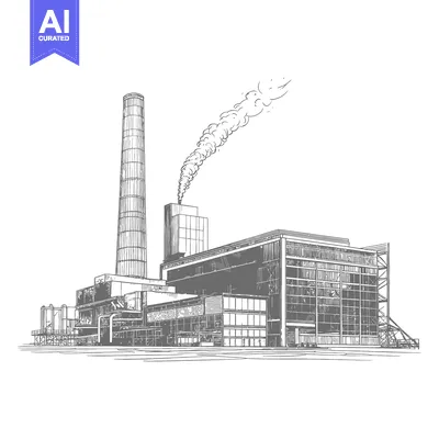 A sketched rendering of a power plant emitting smoke into air