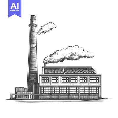 Aset premium populer: A detailed monochrome drawing of an industrial factory building