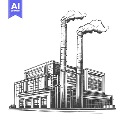 A large monochrome illustration showing an industrial factory complex